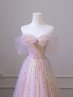 Vestido de fiesta largo de tul brillante con lentejuelas, corte A, hombros descubiertos, Y1416