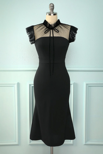 Vestido de noche corto ajustado con cuello alto y corte sirena negro Y5066