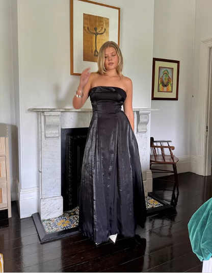 Schlichtes schwarzes trägerloses A-Linien-Abendkleid, langes Ballkleid Y8303