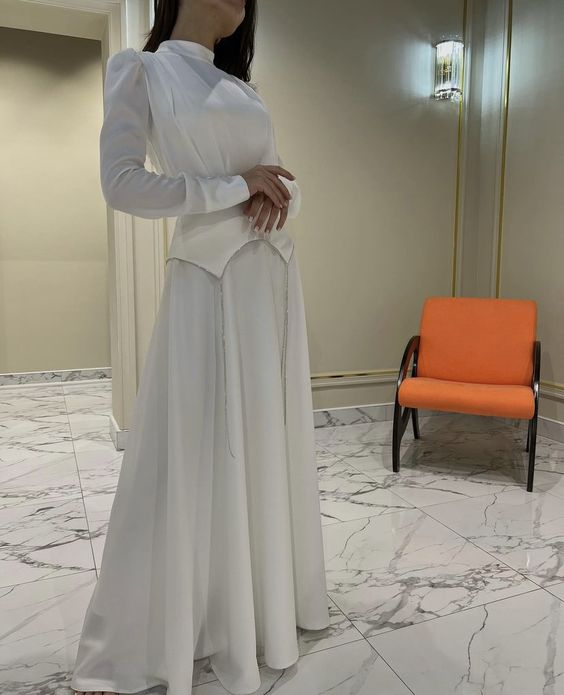 Vestido de noche elegante blanco de corte A y manga larga, vestido de fiesta único Y6885