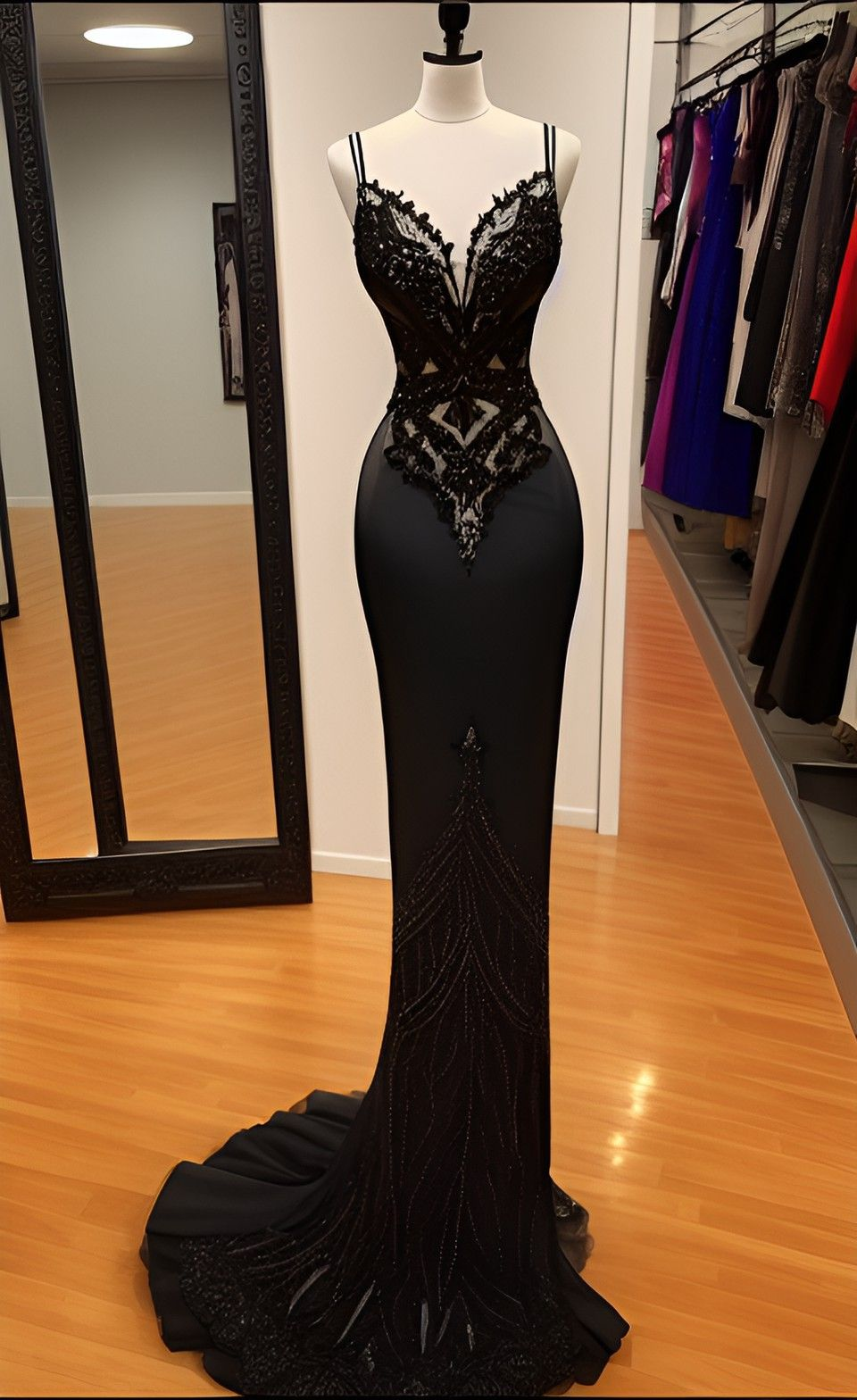 Vestido de noche negro sexy con tirantes finos, vestido formal negro Y4390
