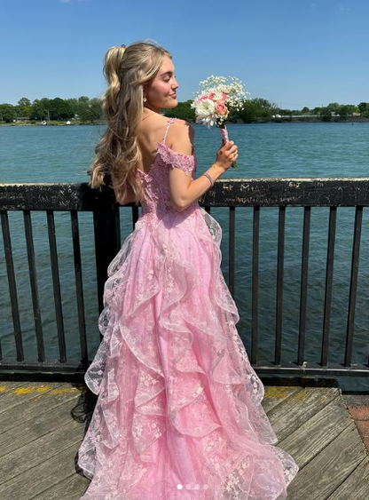 Rosa Off Shoulder Flauschige Spitze Applikationen Floral Langes Ballkleid Abendkleid Y7846