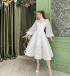Wadenlanges Brautkleid, Damen Sommerkleid Weiß Hoher Kragen Mit Puffärmeln Y4789