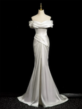 Vestido de noche largo de satén blanco con hombros descubiertos y corte sirena, vestido de novia formal Y8047