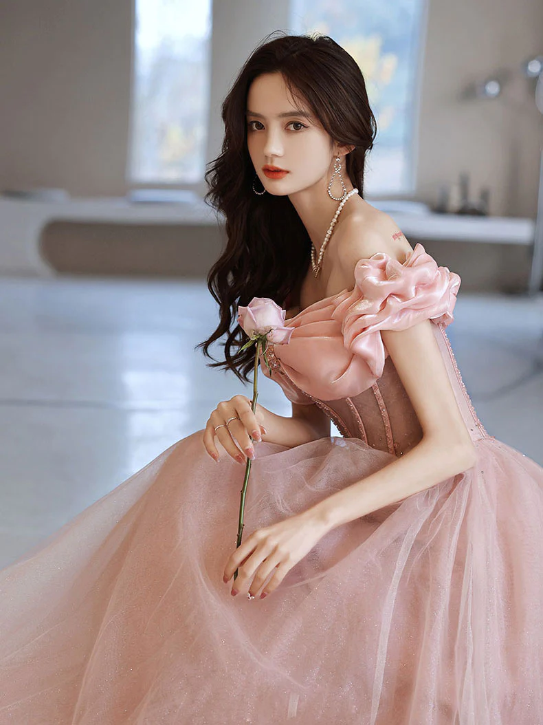 Rosa Herzausschnitt Tüll Perlen Langes Ballkleid, Rosa Abendkleid, Y2406