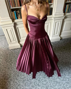 Vintage A-Linie Träger Burgund Satin Langes Ballkleid Abendkleid Y7994