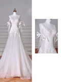 Fee Weiß V-Ausschnitt Tüll Spitze Applikationen Meerjungfrau Abendkleid, Langes Hochzeitskleid Y8636