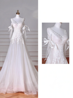 Fee Weiß V-Ausschnitt Tüll Spitze Applikationen Meerjungfrau Abendkleid, Langes Hochzeitskleid Y8636