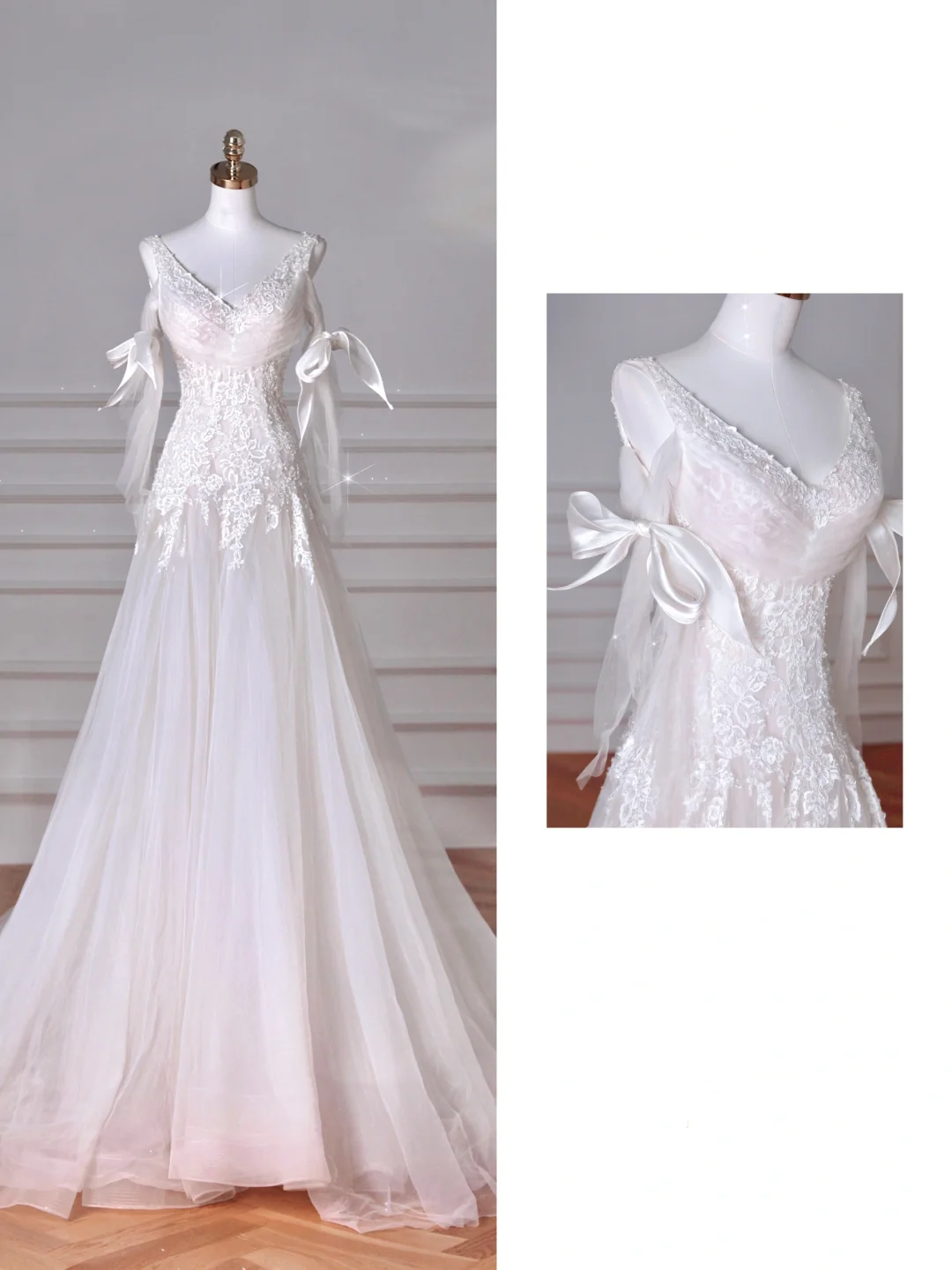 Fee Weiß V-Ausschnitt Tüll Spitze Applikationen Meerjungfrau Abendkleid, Langes Hochzeitskleid Y8636