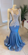 Wunderschönes blaues ärmelloses Abendkleid im Meerjungfrauenstil Y4217
