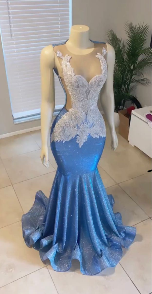 Wunderschönes blaues ärmelloses Abendkleid im Meerjungfrauenstil Y4217