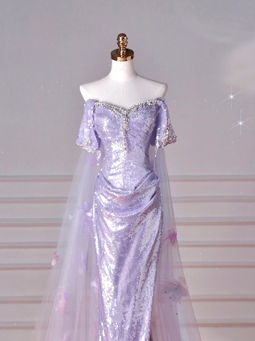 Vestido de noche con abertura y corte sirena, de tul con cuentas y lentejuelas color lila brillante, hombros descubiertos, apliques de tul, vestido de fiesta Y8632