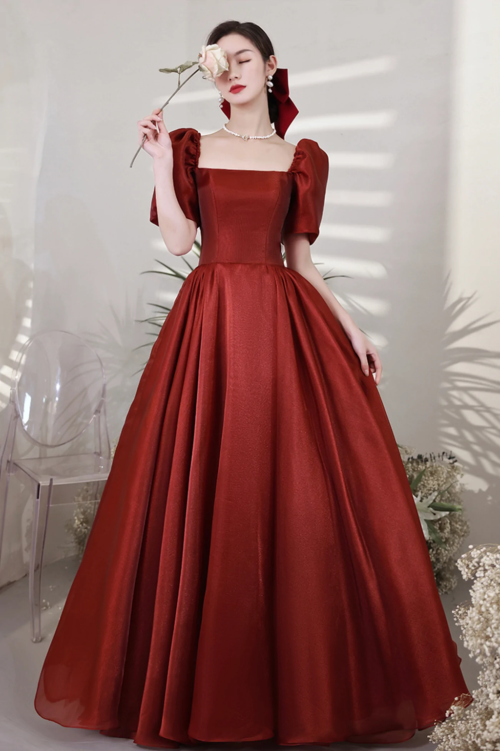 Burgundy Satin Long Prom Dresses, A-Line Short Sleeve Evening Dresses Y1170