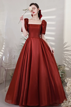 Burgundy Satin Long Prom Dresses, A-Line Short Sleeve Evening Dresses Y1170