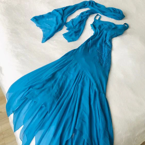 Wunderschönes blaues Chiffon-Meerjungfrau-Abendkleid, langes Ballkleid mit Perlen, Y8080
