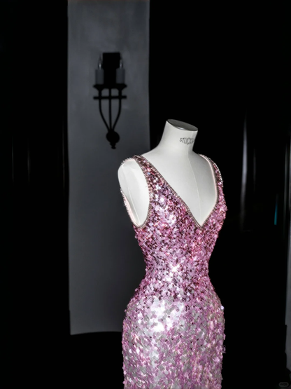 Hermoso vestido de noche largo con lentejuelas y escote en V en color rosa Y8688