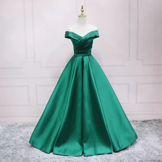 Schulterfreies grünes Satin-Abendkleid s16