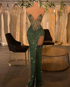 Grünes Meerjungfrau-Abschlussballkleid mit hohem Schlitz und Pailletten, Abendkleid Y177