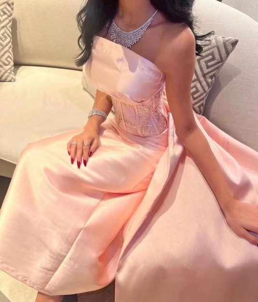 Vestido de noche formal de Dubái con lentejuelas brillantes, corsé saudí sin tirantes de satén rosa bebé, vestido de fiesta Y4887