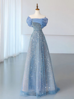 Vestido de noche de tul azul con lentejuelas y hombros descubiertos, corte en A, plisado, Y8041
