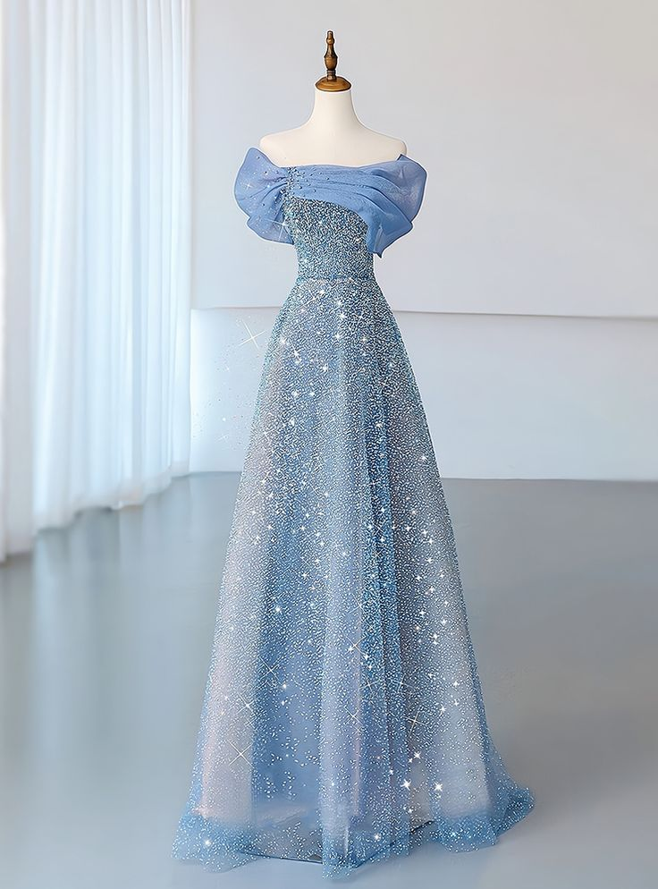 Vestido de noche de tul azul con lentejuelas y hombros descubiertos, corte en A, plisado, Y8041