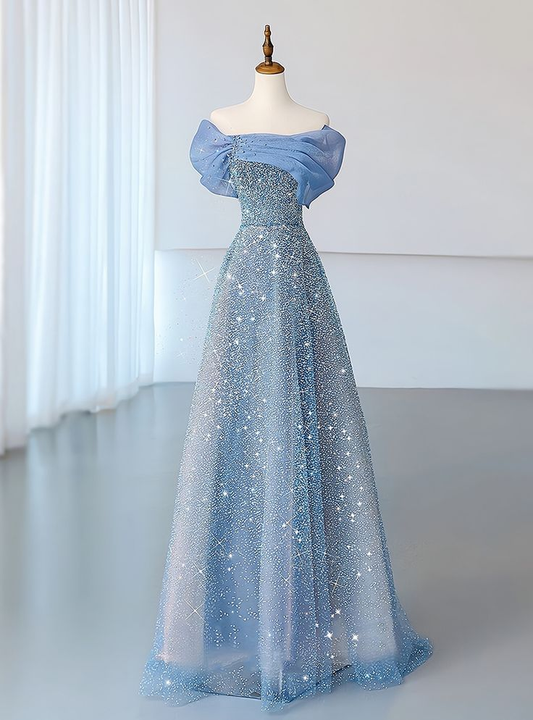 Vestido de noche de tul azul con lentejuelas y hombros descubiertos, corte en A, plisado, Y8041