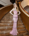 Glamouröses rosa Pailletten Perlen Schlitz Meerjungfrau Ballkleid Abendkleid Y8446