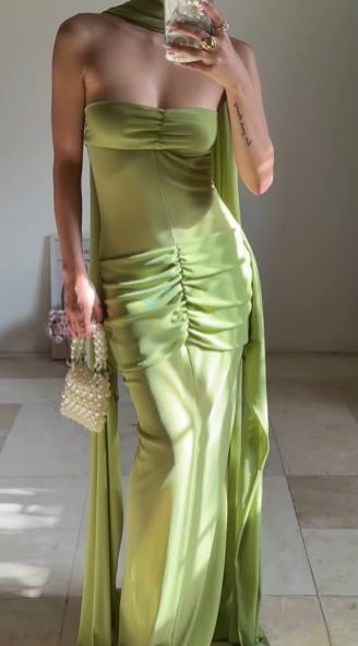 Einzigartiges grünes trägerloses, gerüschtes langes Ballkleid, formelles Abendkleid Y8505
