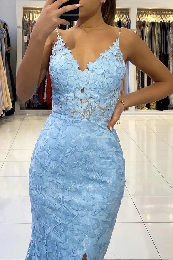Vestido de fiesta largo de encaje azul con escote en V y espalda descubierta, vestido formal de encaje azul con corte sirena, vestido de noche de encaje azul Y1465