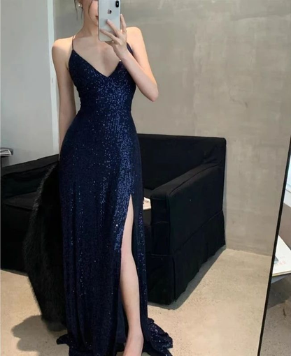Sexy Marineblaues Abendkleid mit V-Ausschnitt und Schlitz, langes Ballkleid Y7798