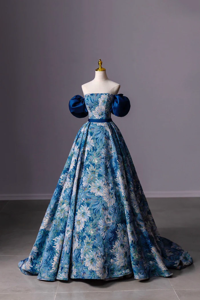 Blaues bedrucktes langes A-Linien-Ballkleid Blaues schulterfreies formelles Abendkleid Y4605