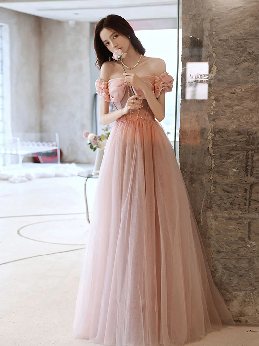 Rosa Herzausschnitt Tüll Perlen Langes Ballkleid, Rosa Abendkleid, Y2406