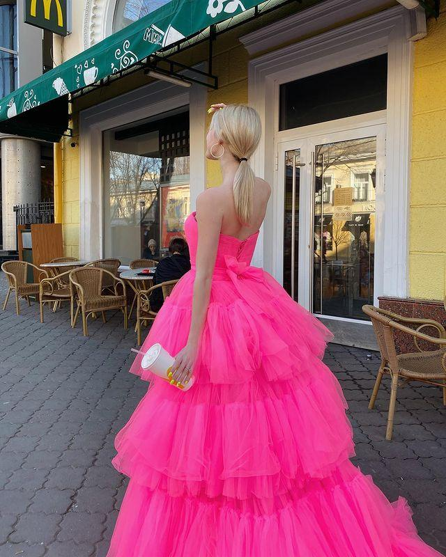 Vestido de fiesta/noche princesa, corte A, alto bajo, sin tirantes, rosa, largo, con volantes, Y76