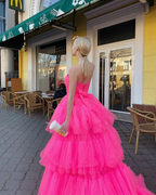 Vestido de fiesta/noche princesa, corte A, alto bajo, sin tirantes, rosa, largo, con volantes, Y76
