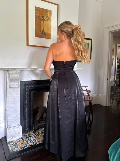 Schlichtes schwarzes trägerloses A-Linien-Abendkleid, langes Ballkleid Y8303