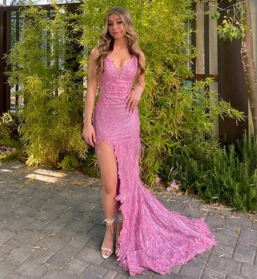Lujoso vestido de noche estilo sirena con plumas, encaje y lentejuelas rosas, vestido de fiesta con abertura Y7872