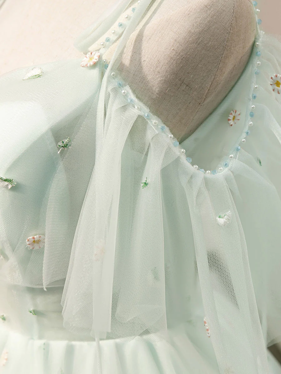 Vestidos cortos de tul con escote corazón, sencillos y abullonados, color verde, para el regreso a casa Y2409