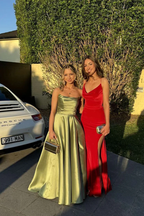 Vestido de fiesta plisado de satén verde elegante, corte A, vestido de noche Y7815