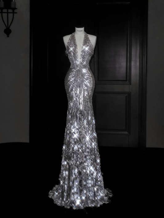 Funkelndes silbernes tiefes V-Ausschnitt Neckholder Pailletten Perlen rückenfreies Abendkleid Meerjungfrau Ballkleid Y8687