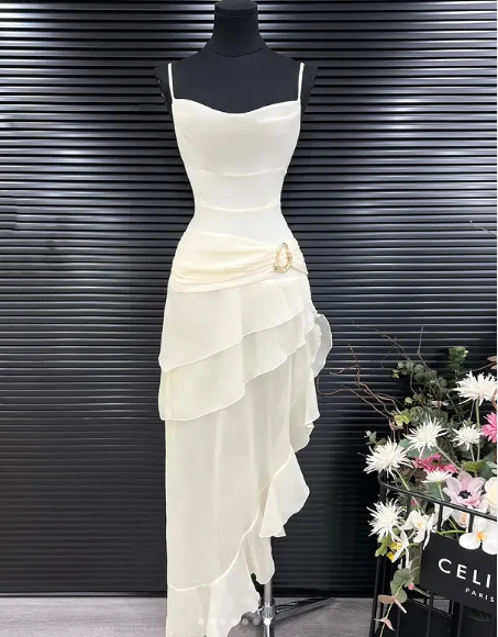 Elegantes weißes Chiffon-Meerjungfrau-Abendkleid, lang, mehrlagig, Ballkleid Y7716