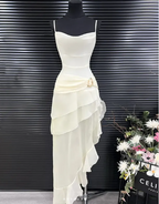 Elegantes weißes Chiffon-Meerjungfrau-Abendkleid, lang, mehrlagig, Ballkleid Y7716