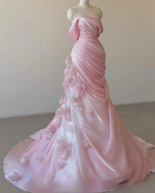 Wunderschönes rosa schulterfreies Meerjungfrau-Abendkleid mit 3D-Blumen Y8291