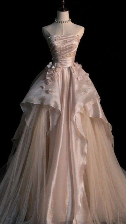 Großzügiges rosa trägerloses A-Linien-Abendkleid aus Tüll, glamouröses Kleid Y6761