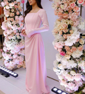 Vestido de noche elegante de corte columna, color rosa, con escote cuadrado y mangas largas Y4798
