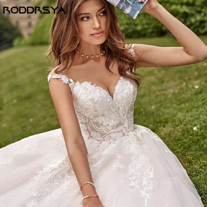 Beach Cap Sleeves Wedding Dresses Illusion Lace Buttons Back Bridal Gown Women Appliques Tulle vestidos de novia playa-payinti