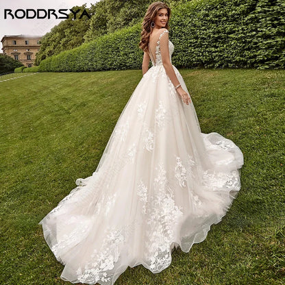 Beach Cap Sleeves Wedding Dresses Illusion Lace Buttons Back Bridal Gown Women Appliques Tulle vestidos de novia playa-payinti