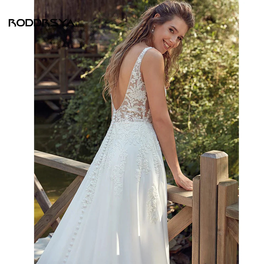 RODDRSYA Boho Wedding Dresses For Women V-Neck Appliques Backless Bridal Gown With Button Vestidos De Novia Custom Made-payinti