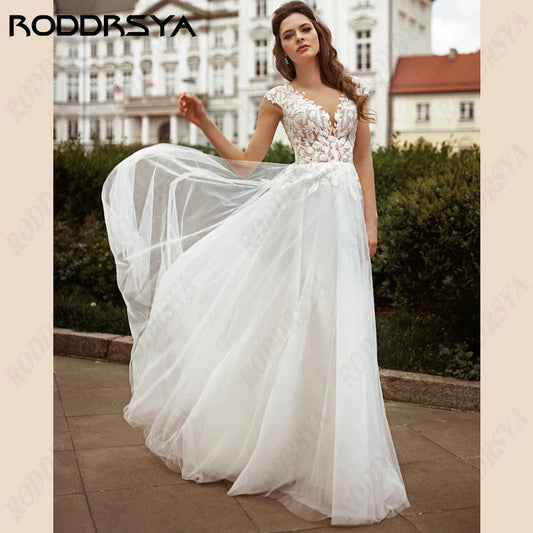 Plus Size Lace Appliques Wedding Dresses Simple Sleeveless Flowers Sweep Bride Party Tulle Beach Civil Bridal Gowns-payinti