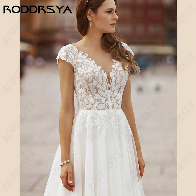 Plus Size Lace Appliques Wedding Dresses Simple Sleeveless Flowers Sweep Bride Party Tulle Beach Civil Bridal Gowns-payinti