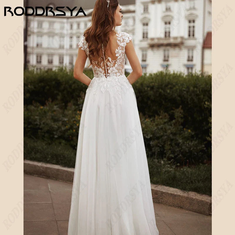 Plus Size Lace Appliques Wedding Dresses Simple Sleeveless Flowers Sweep Bride Party Tulle Beach Civil Bridal Gowns-payinti